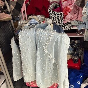 AKIRA Light Blue Pearl Embellished Jean Jacket